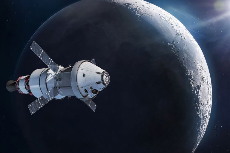 Orion spacecraft on orbit of Moon. Spaceship of Artemis mission with astronauts near Moon surface. Exploration of our satellite. Return on Moon. Elements of this image furnished by NASA